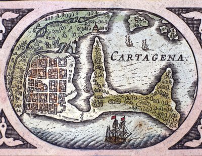 Vista de Cartagena en Colombia (Sudamérica). Detalle de un mapa del Atlas “Le Theatre du Monde” por Willem Janszoon Blaeu (1571-1638) de Willem Blaeu