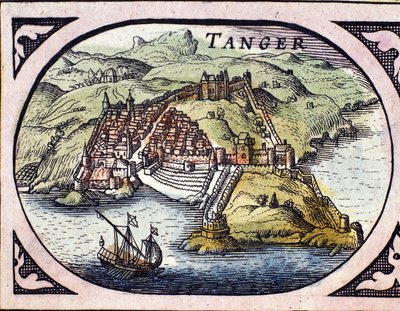 Vista de la ciudad fortificada de Tánger y la costa, Marruecos. Mapa del Atlas holandés por W. G. Blaeu, Ámsterdam de Willem Blaeu