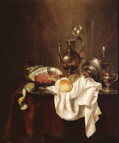 Bodegón de jamón y plato de plata de Willem Claesz. Heda