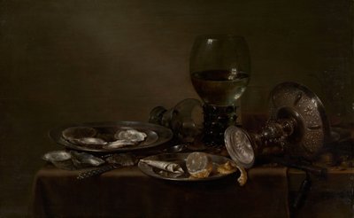 Naturaleza Muerta con Ostras, una Taza de Plata y Cristalería, 1635 de Willem Claesz. Heda