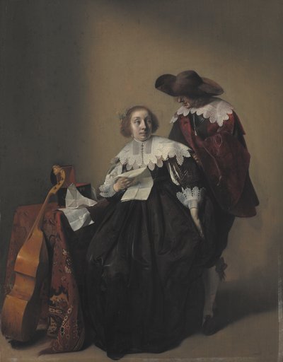 Una mujer sentada con una carta, un caballero de pie a su lado de Willem Cornelisz Duyster