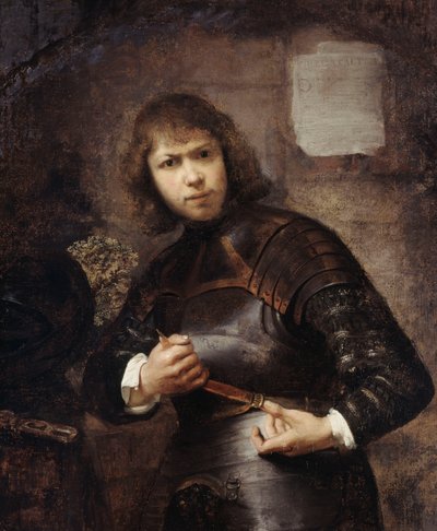 Un soldado, de pie, tres cuartos de longitud, abrochándose el cinturón de Willem Drost