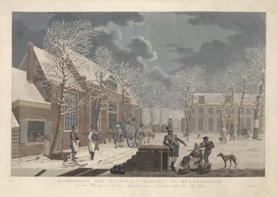 Paisaje nevado con soldados hablando con civiles durante el asedio de Naarden Jardín Hoofdwagt der nationale en Muijderbergh frente a la fortaleza Blocade der Naarden, desde noviembre de 1813 hasta Mey 1814 (título sobre el objeto) de Willem Hendrik Hoogkamer (attributed to)