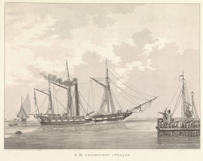 Barco de vapor en un muelle Z.M. Steamship Curaçao (título sobre el objeto) de Willem Hendrik Hoogkamer