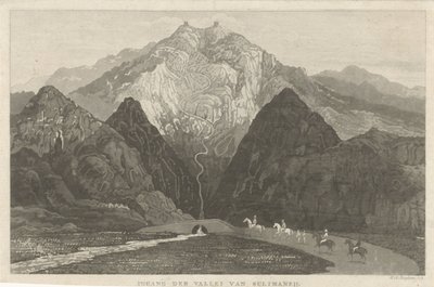 Viajeros de montaña Entrada al valle de Sulimaneij (título sobre objeto) de Willem Hendrik Hoogkamer