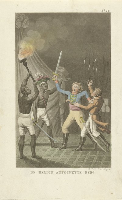 Dos figuras con espadas con dos hombres negros La heroína Antoinette Berg (título sobre objeto) de Willem Hendrik Hoogkamer