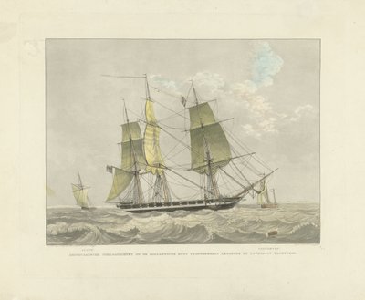 Barco de vela, balandro y barco piloto en el agua Corbeta de guerra estadounidense contra la costa holandesa poniendo el barco piloto esperando (título sobre objeto) de Willem Hendrik Hoogkamer