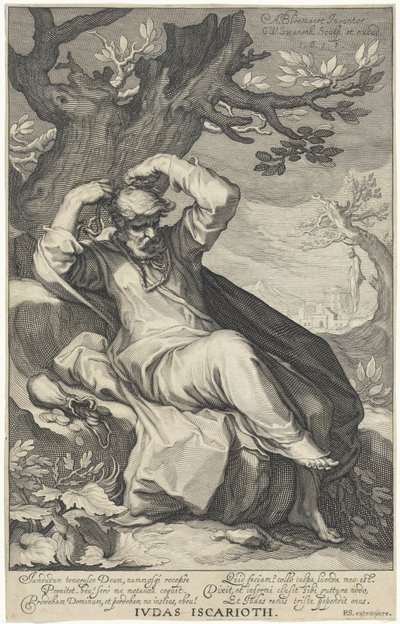 Judas Iscariote se ahorca Judas Iscariote (título sobre objeto) Pecadores del Antiguo y Nuevo Testamento (título de la serie) de Willem Isaacsz. van Swanenburg