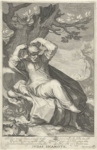 Judas Iscariote se ahorca Judas Iscariote (título sobre objeto) Pecadores del Antiguo y Nuevo Testamento (título de la serie) de Willem Isaacsz. van Swanenburg