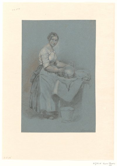 Sierva de pie junto a una mesa con una sartén de cobre de Willem Johannes Adrianus Wijnandus Voorn Boers