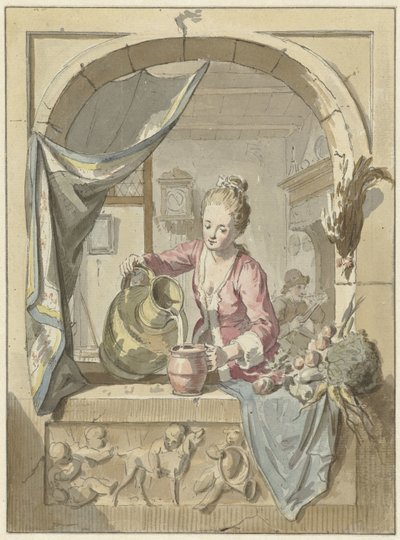 Mujer vierte leche de una jarra, en una ventana de Willem Joseph Laquy
