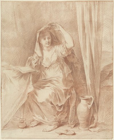Mujer sentada en una mesa detrás de un libro de Willem Joseph Laquy