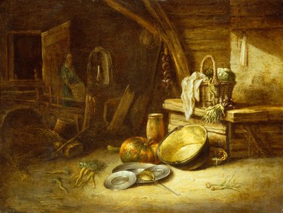 Una cocina con verduras en un cesto de mimbre, platos de peltre y una calabaza (óleo sobre cobre) de Willem Kalf