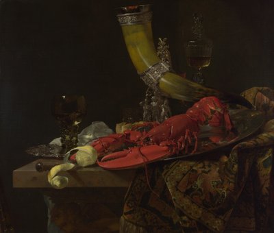 Naturaleza muerta con el cuerno de beber del gremio de arqueros de San Sebastián, langosta y vasos, c. 1653 de Willem Kalf