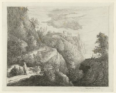 Paisaje de montaña con figuras descansando al costado de la carretera. de Willem Matthias Jan van Dielen