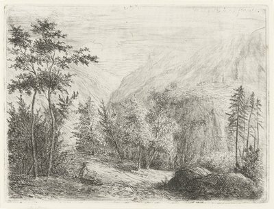 Paisaje de montaña con una figura descansando a lo largo del camino. de Willem Matthias Jan van Dielen