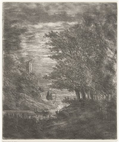 Paisaje montañoso con ruinas y barco sobre el agua a la luz de la luna de Willem Matthias Jan van Dielen