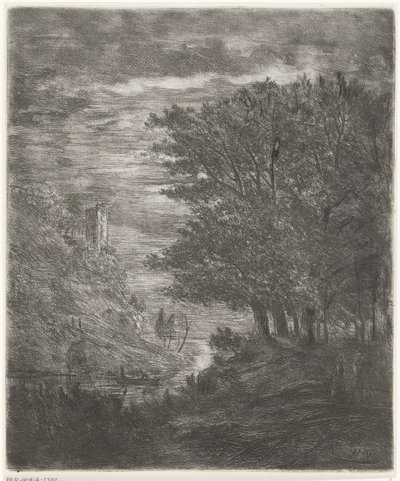 Paisaje montañoso con ruinas y barco sobre el agua a la luz de la luna de Willem Matthias Jan van Dielen
