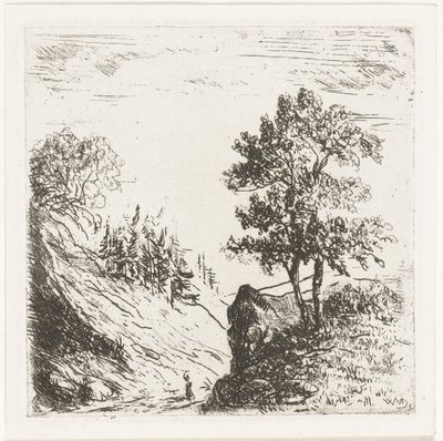 Paisaje montañoso con dos árboles en una roca de Willem Matthias Jan van Dielen
