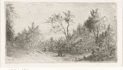 Paisaje montañoso con caminantes y perros al borde del bosque de Willem Matthias Jan van Dielen