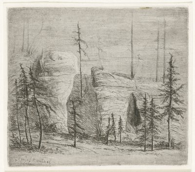 Paisaje rocoso con árboles de coníferas, el llamado Teufelkanzel Teufelkantzel Baxen (título sobre objeto) de Willem Matthias Jan van Dielen