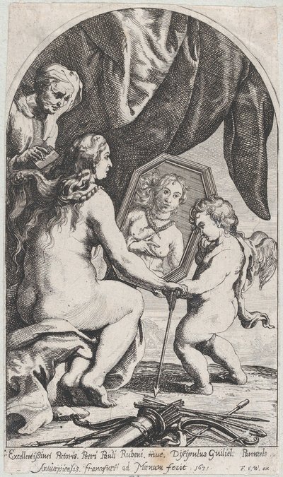 Venus ante un espejo sostenido por Cupido mientras una anciana le peina el cabello de Willem Panneels