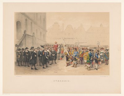 Tercer grupo de mascarada de Utrecht en 1856 Gobierno (título sobre objeto) Nuestra patria hacia mediados del siglo XVII, propuesta por S.H. estudiantes, miembros de Mutua Fides, en la celebración del 220 aniversario de la Utrechtsche Hoogeschool, el 25 de de Willem Pieter Hoevenaar