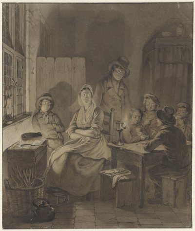 Interior con grupo de personas alrededor de la mesa a la luz de las velas de Willem Pieter Hoevenaar