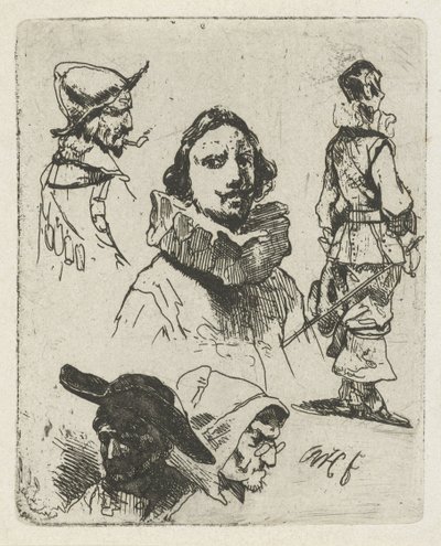 Hoja de estudio con soldados y una anciana. de Willem Pieter Hoevenaar