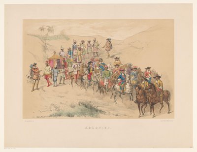 Cuarto grupo de mascarada de Utrecht en 1856 Colonias (título sobre objeto) Nuestra patria hacia mediados del siglo XVII, propuesta por S.H. estudiantes, miembros de Mutua Fides, en celebración del 220 aniversario de la Utrechtsche Hoogeschool, 25. Jun de Willem Pieter Hoevenaar