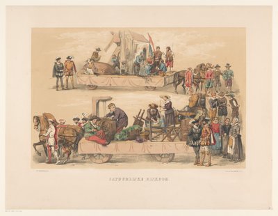Quinto grupo de mascarada de Utrecht en 1856 Recurso natural (título sobre el objeto) Nuestra patria hacia mediados del siglo XVII, propuesta por S.H. estudiantes, miembros de Mutua Fides, en celebración del 220 aniversario de la Utrechtsche Hoogeschool, de Willem Pieter Hoevenaar
