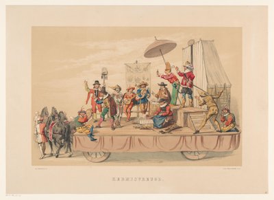 Sexto grupo de mascarada de Utrecht en 1856 Feliz Navidad (título en objeto) Nuestra patria hacia mediados del siglo XVII, propuesta por S.H. estudiantes, miembros de Mutua Fides, en celebración del 220 aniversario de la Utrechtsche Hoogeschool, el 25. de Willem Pieter Hoevenaar