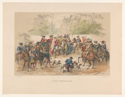 Séptimo grupo de mascarada de Utrecht en 1856 Entretenimiento de caza (título sobre objeto) Nuestra patria hacia mediados del siglo XVII, propuesta por S.H. estudiantes, miembros de Mutua Fides, en celebración del 220 aniversario de la Utrechtsche Hoogesch de Willem Pieter Hoevenaar