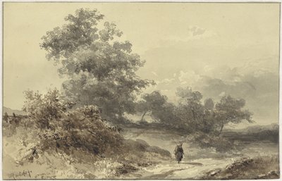 Paisaje con arbustos y una figura en un camino rural de Willem Roelofs (I)