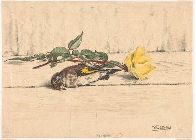 Jilguero muerto junto a una rosa de Willem Roelofs (II) (signed by artist)