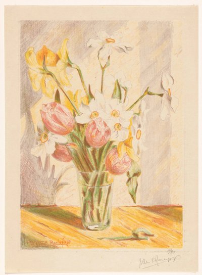 Tulipanes y narcisos en un jarrón de Willem Roelofs (II) (signed by artist)