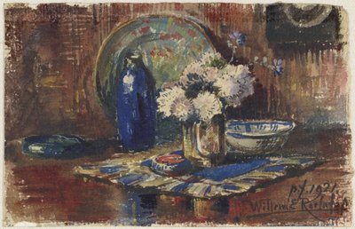 Bodegón con botella azul y jarrón con flores de Willem Roelofs (II)