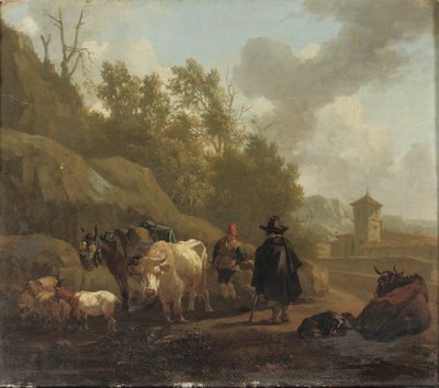 Un pastor de vacas y ganado en un paisaje italianizado de Willem Romeyn