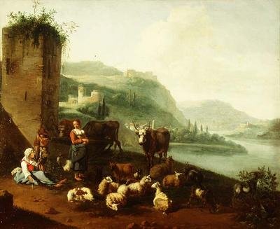Un paisaje italianizante con campesinos, ganado, ovejas y cabras junto a una fuente de Willem Romeyn