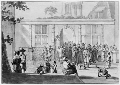 Plaza con una puerta al fondo, por la que pasa una procesión. Varias figuras junto a una barandilla en primer plano a la izquierda de Willem Schellinks