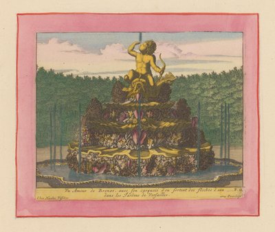 Brunnen mit einer Statue eines Putto mit Bogen in der Hand, sitzend auf einem Delfin de Willem Swidde