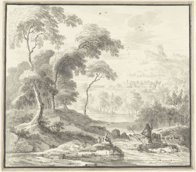 Idílico paisaje de colinas con mujeres en un arroyo de Willem Troost (I)