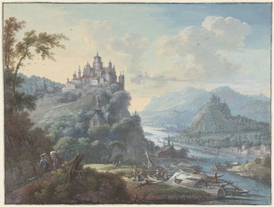 Paisaje fluvial con un pueblo en la cima de una colina de Willem Troost (I)