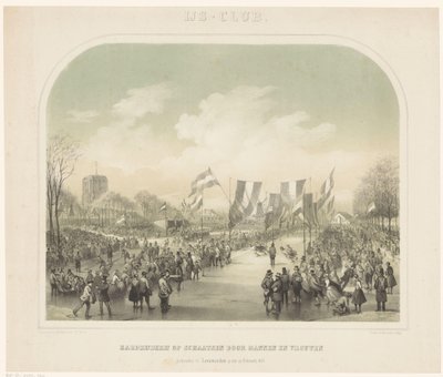 competición de patinaje sobre hielo Ice-club / Speed ​​​​skating de hombres y mujeres celebrado en Leeuwarden el 22 de febrero de 1855 (título sobre objeto) de Willem Troost (II)