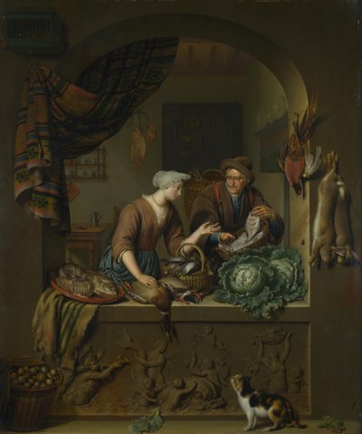Una mujer y un vendedor de pescado en una cocina, 1713 de Willem Van Mieris