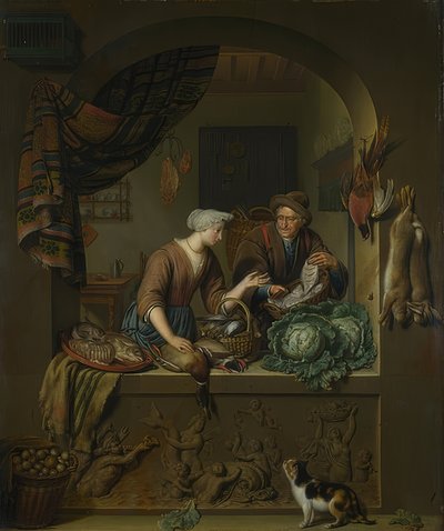 Mujer y pescadero en la cocina. 1713 de Willem Van Mieris