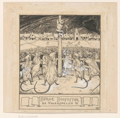 Willy se sube a un poste mientras los ratones miran de Ludwig Willem Reymert Wenckebach