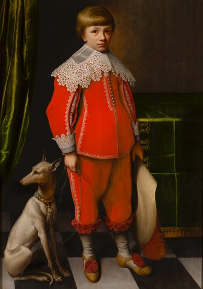 Retrato de un niño de ocho años con un Whippet sobre un suelo de damero de Willem Willemsz. van der Vliet