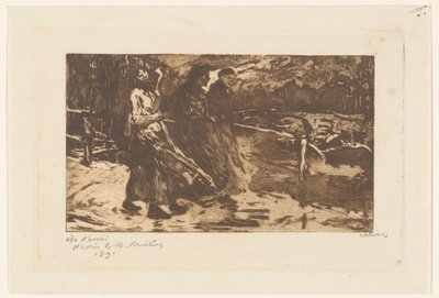Tres mujeres en un puente bajo la lluvia y el viento de Willem Witsen (signed by artist)
