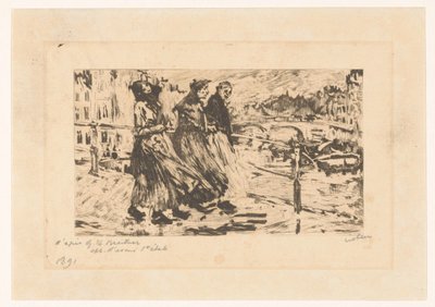 Tres mujeres en un puente con viento y lluvia de Willem Witsen (signed by artist)